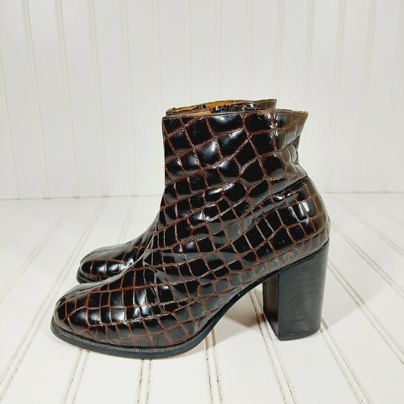 Andre Bustani Shoes - Andre Bustani Patent Leather Croc Embossed Block Heel Ankle Boots A884